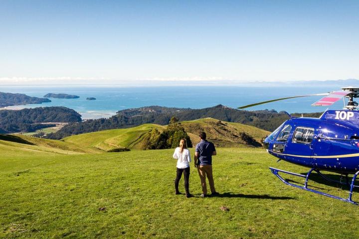a group of people standing on top of a grass covered field